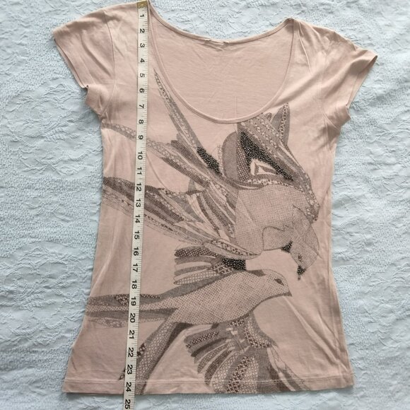 MNG Mango Y2K Pink Beaded T-shirt w/ Bird Print Women's Size S Scoop Neck - Picture 13 of 13